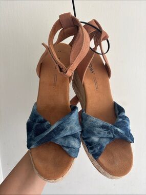 Toms Denim Cross-Strap Wedges with Tan Ankle Wrap